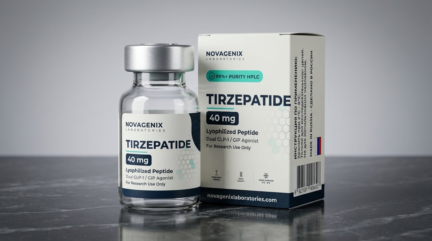 Vial y caja Novagenix Tirzepatida con etiqueta de marca